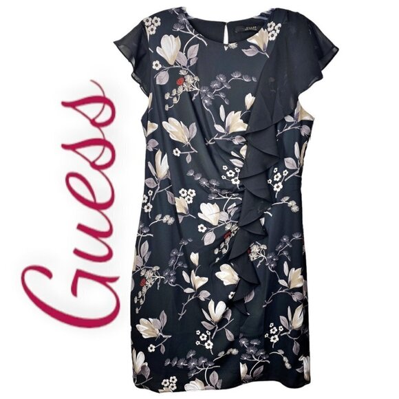 NWT GUESS Floral Chiffon Sleeve Ruffle Front Dress, Size Large - Picture 1 of 6